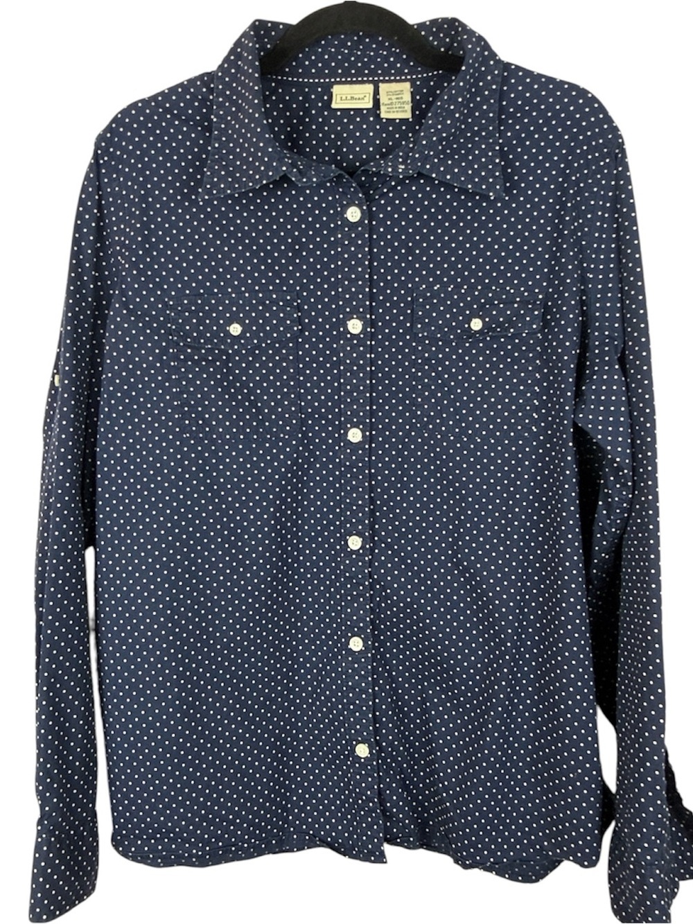 L.L. Bean Navy Blue Polka Dot Button Down Shirt XL Reg Stretch Cotton Blend